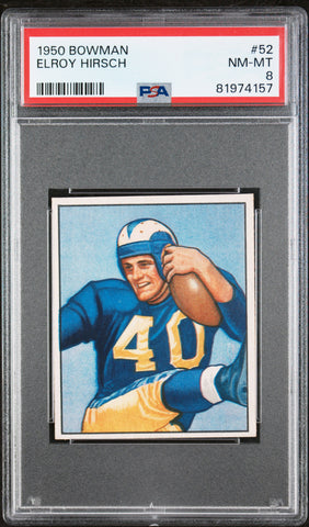 1950 Bowman FB Card # 52 Elroy Hirsch Los Angeles Rams HOF ROOKIE RC PSA 8 NM-MT (MGD2)