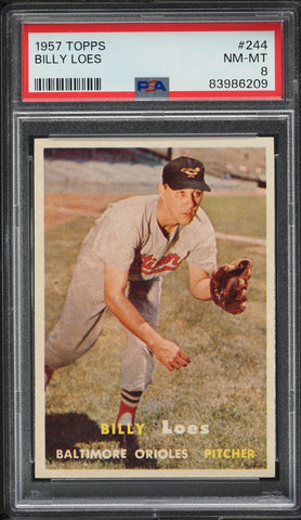 1957 Topps BB Card #244 Billy Loes Baltimore Orioles PSA 8 NM-MT (MGD2)