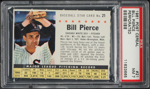 1961 Post Cereal BB Card # 21 Bill Pierce White Sox PERFORATED PSA 7 NRMT (MGD2)