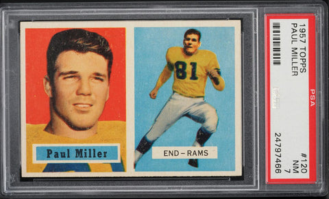 1957 Topps FB Card #120 Paul Miller Los Angeles Rams ROOKIE RC PSA 7 NRMT (MGD2)