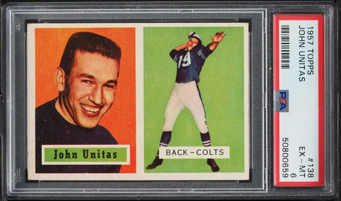 1957 Topps FB Card #138 Johnny Unitas Baltimore Colts HOF ROOKIE RC PSA 6 EXMT (MGD2)