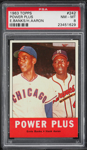 1963 Topps BB Card #242 Ernie Banks & Hank Aaron HOF POWER PLUS PSA 8 NM-MT (MGD2)
