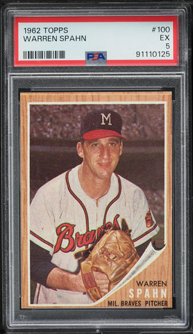 1962 Topps BB Card #100 Warren Spahn Milwaukee Braves HOF PSA 5 EX (MGD2)