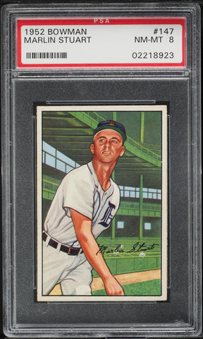 1952 Bowman BB Card #147 Marlin Stuart Detroit Tigers ROOKIE RC PSA 8 NM-MT (MGD2)