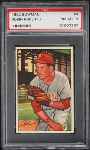 1952 Bowman BB Card # 4 Robin Roberts Philadelphia Phillies HOF PSA 8 NM-MT (MGD2)