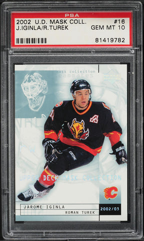 2002 Upper Deck Hockey Card # 16 Jarome Iginla Roman Turek MASKS PSA 10 GEM MINT (MGD2)