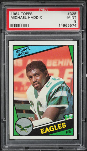 1984 Topps FB Card #328 Michael Haddix Philadelphia Eagles ROOKIE RC PSA 9 MINT (MGD2)