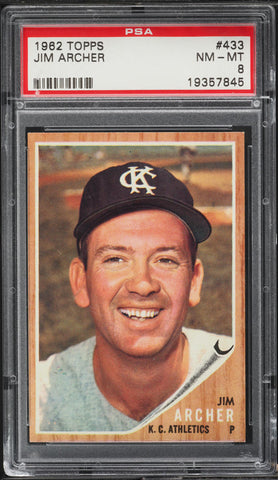 1962 Topps BB Card #433 Jim Archer Kansas City Athletics PSA 8 NM-MT (MGD2)