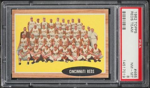 1962 Topps BB Card #465 Cincinnati Reds TEAM CARD PSA 8 NM-MT (MGD2)