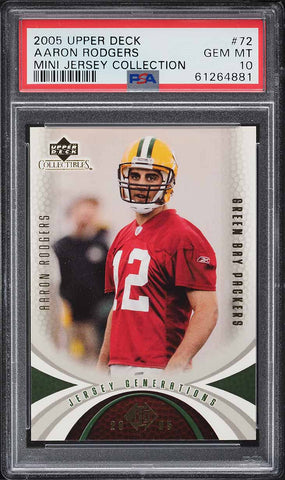 2005 Upper Deck FB Card # 72 Aaron Rodgers ROOKIE MINI JERSEY COLLECTION PSA 10 (MGD2)