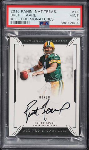 2016 National Treasures FB Card # 14 Brett Favre HOF ALL-PRO AUTO /10 PSA 9 MINT (MGD2)