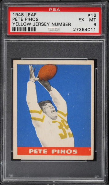 1948 Leaf FB Card # 16 Pete Pihos HOF YELLOW JERSEY NO. ROOKIE RC PSA EX-MT 6 (MGD2)