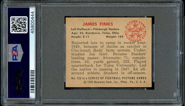 1950 Bowman FB Card #128 Jim Finks Pittsburgh Steelers HOF ROOKIE RC PSA NM-MT 8 (MGD2)