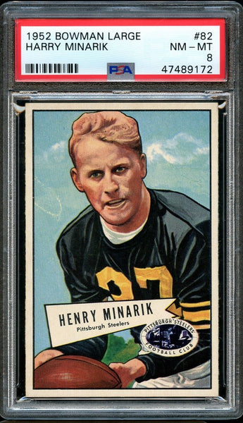 1952 Bowman Large FB Card # 82 Harry Minarik Steelers SP ROOKIE RC PSA NM-MT 8 (MGD2)