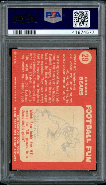 1958 Topps FB Card # 29 Chicago Bears TEAM CARD PSA NM 7 (MGD2)