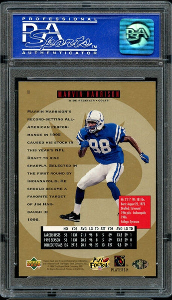 1996 Upper Deck SP FB Card # 18 Marvin Harrison Colts HOF ROOKIE RC PSA MINT (MGD2)