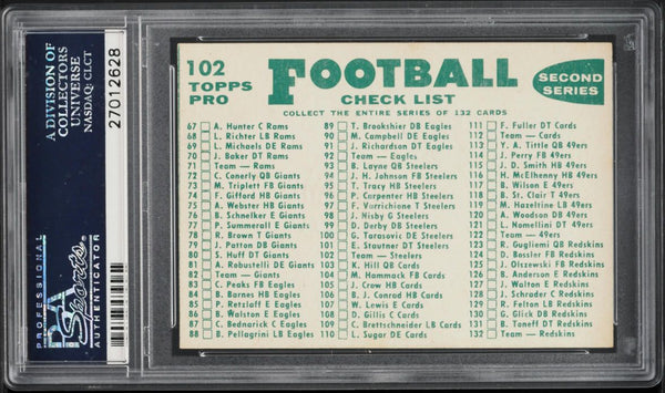 1960 Topps FB Card #102 Pittsburgh Steelers HOF CHECKLIST BACK PSA 8 NM-MT (MGD2)