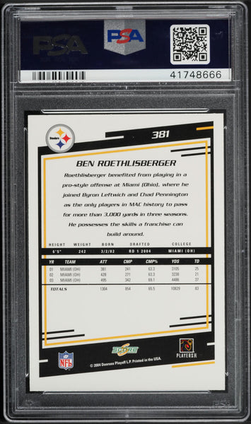 2004 Score FB Card #381 Ben Roethlisberger HOF ROOKIE RC PSA 10 GEM MINT (MGD2)