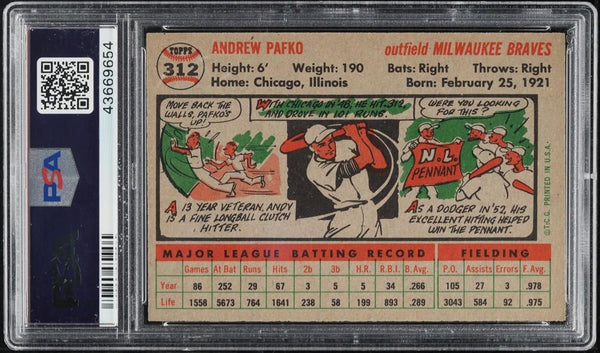 1956 Topps BB Card #312 Andy Pafko Milwaukee Braves PSA 8 NM-MT (MGD2)