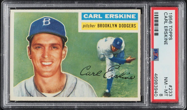 1956 Topps BB Card #233 Carl Erskine Brooklyn Dodgers PSA 8 NM-MT (MGD2)