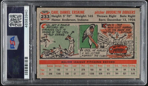 1956 Topps BB Card #233 Carl Erskine Brooklyn Dodgers PSA 8 NM-MT (MGD2)