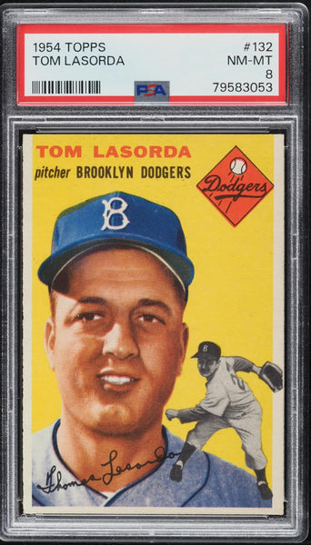 1954 Topps BB Card #132 Tommy LaSorda Brooklyn Dodgers HOF ROOKIE PSA 8 NM-MT (MGD2)