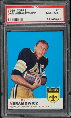 1969 Topps FB Card # 36 Dan Abramowicz New Orleans Saints ROOKIE RC PSA 8 NM-MT (MGD2)