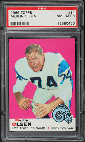 1969 Topps FB Card # 34 Merlin Olsen Los Angeles Rams HOF PSA 8 NM-MT (MGD2)