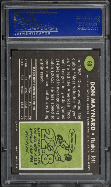 1969 Topps FB Card # 60 Don Maynard New York Jets HOF PSA 8 NM-MT (MGD2)