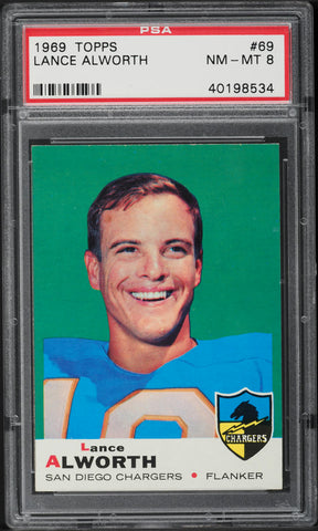 1969 Topps FB Card # 69 Lance Alworth San Diego Chargers HOF PSA 8 NM-MT (MGD2)
