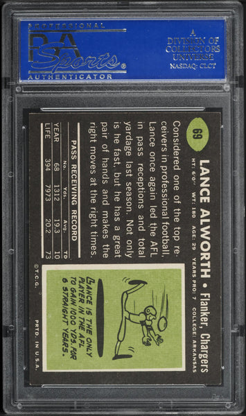 1969 Topps FB Card # 69 Lance Alworth San Diego Chargers HOF PSA 8 NM-MT (MGD2)