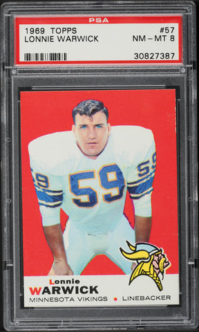 1969 Topps FB Card # 57 Lonnie Warwick Minnesota Vikings ROOKIE RC PSA 8 NM-MT (MGD2)