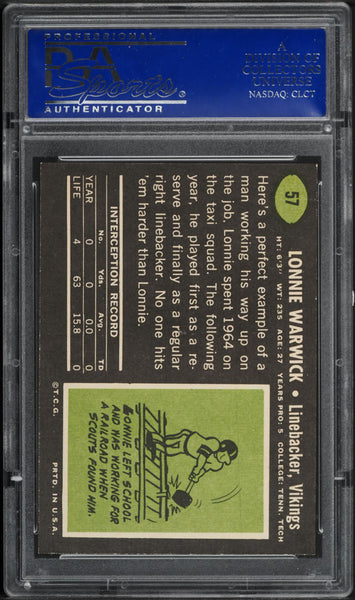1969 Topps FB Card # 57 Lonnie Warwick Minnesota Vikings ROOKIE RC PSA 8 NM-MT (MGD2)