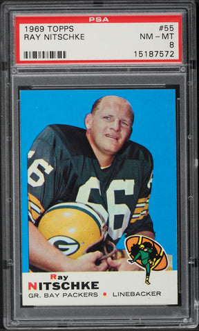 1969 Topps FB Card # 55 Ray Nitschke Green Bay Packers HOF PSA 8 NM-MT (MGD2)