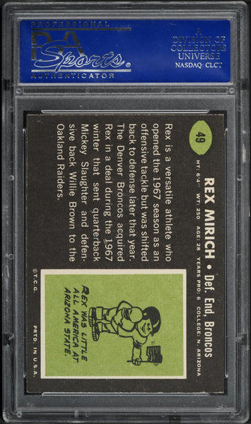 1969 Topps FB Card # 49 Rex Mirich Denver Broncos HOF PSA 8 NM-MT (MGD2)