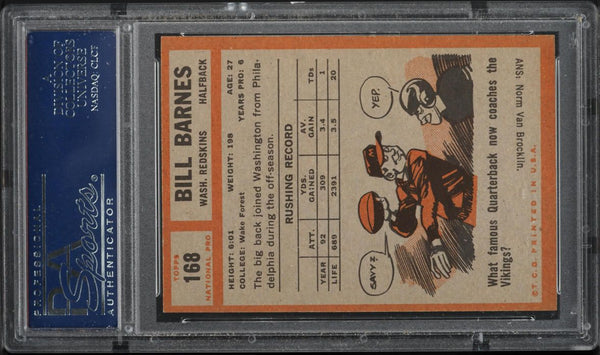 1962 Topps FB Card #168 Bill Barnes Washington Redskins PSA 7.5 NRMT+ (MGD2)