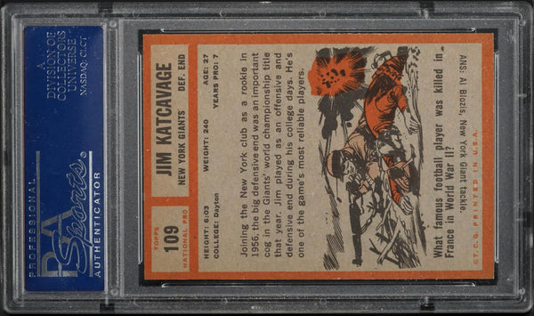 1962 Topps FB Card #109 Jim Katcavage New York Giants ROOKIE RC PSA 7.5 NRMT+ (MGD2)