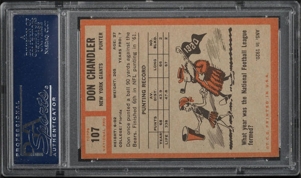 1962 Topps FB Card #107 Don Chandler NY Giants Packers HOF PSA 7.5 NRMT+ (MGD2)