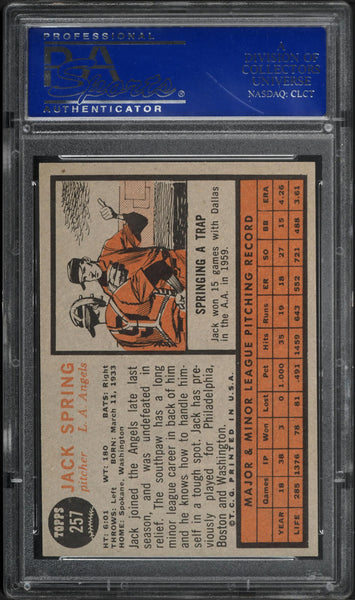 1962 Topps BB Card #257 Jack Spring Los Angeles Angels PSA 8 NM-MT (MGD2)