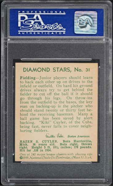 1935 Diamond Stars BB Card # 31 Kiki Cuyler Chicago Cubs HOF PSA 8 NM-MT (MGD2)