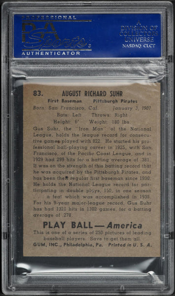 1939 Play Ball BB Card # 83 Gus Suhr Pittsburgh Pirates PSA 6 EXMT (MGD2)