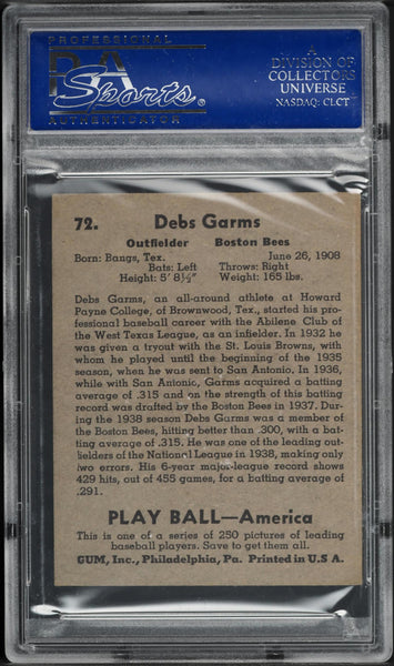 1939 Play Ball BB Card # 72 Debs Garms Boston Bees PSA 5 EX (MGD2)