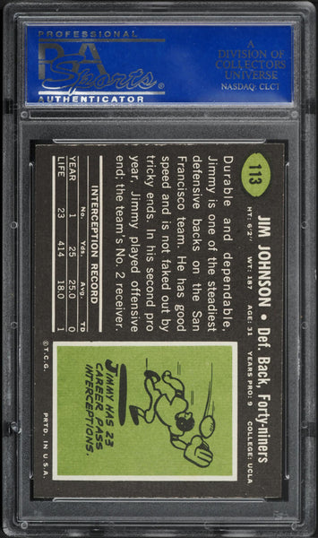 1969 Topps FB Card #113 Jimmy Johnson San Francisco 49ers HOF PSA 8 NM-MT (MGD2)