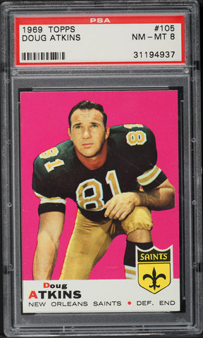 1969 Topps FB Card #105 Doug Atkins New Orleans Saints HOF PSA 8 NM-MT (MGD2)