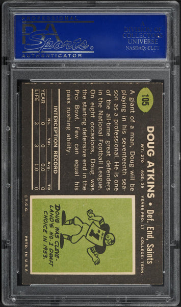 1969 Topps FB Card #105 Doug Atkins New Orleans Saints HOF PSA 8 NM-MT (MGD2)