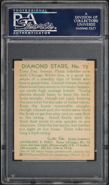 1935 Diamond Stars BB Card # 72 Tony Piet Chicago White Sox PSA 6.5 EXMT+ (MGD2)