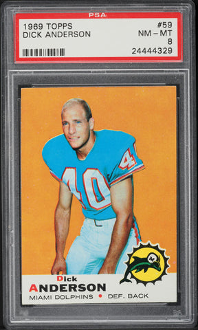1969 Topps FB Card # 59 Dick Anderson Miami Dolphins ROOKIE RC HOF PSA 8 NM-MT (MGD2)