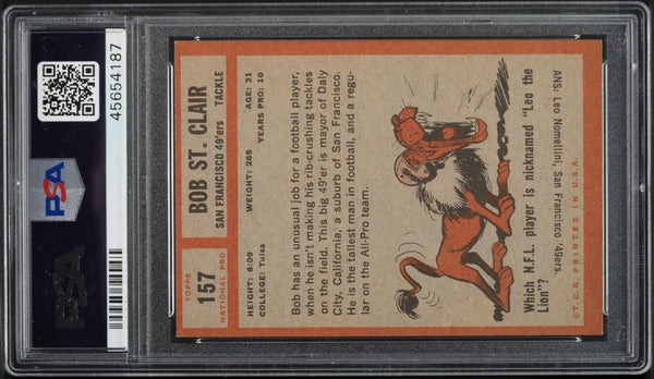 1962 Topps FB Card #157 Bob St. Clair San Francisco 49ers HOF PSA 6 EXMT (MGD2)