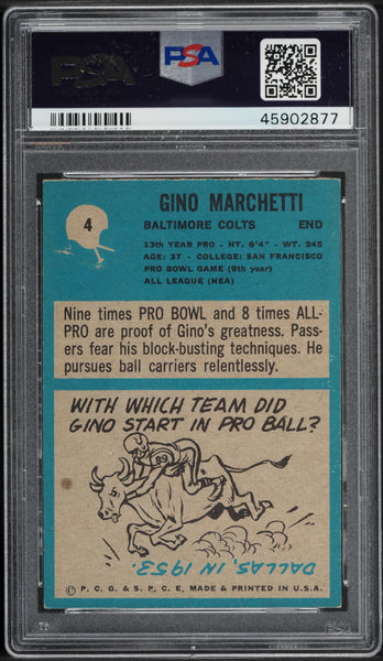 1964 Topps FB Card # 4 Gino Marchetti Baltimore Colts HOF PSA 7 NRMT (MGD2)