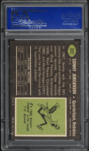 1969 Topps FB Card #227 Sonny Jurgensen Washington Redskins HOF PSA 8 NM-MT (MGD2)